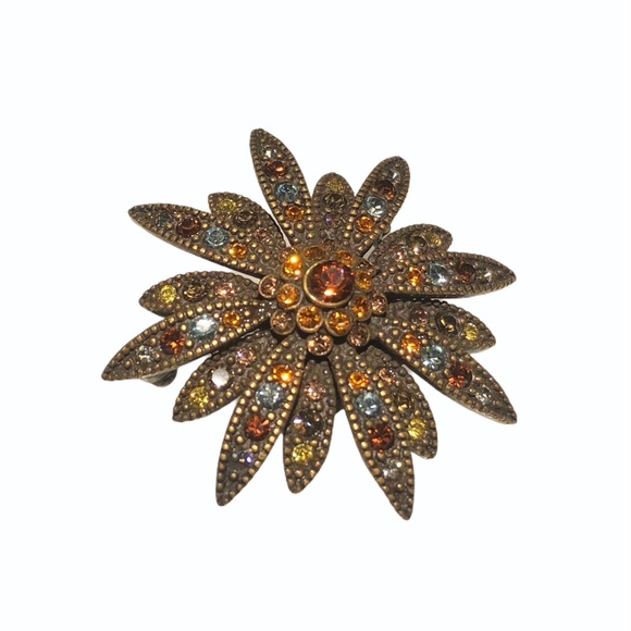 JOAN RIVERS SMALL AUTUMN COLORED CRYSTAL SUNBURST FLOWER BROOCH - Picture 5 of 14